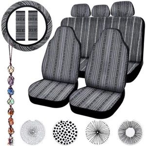 14 Pcs Baja Car Seat Covers Full Set Multicolor Stripe Boho Print Steering Wheel
